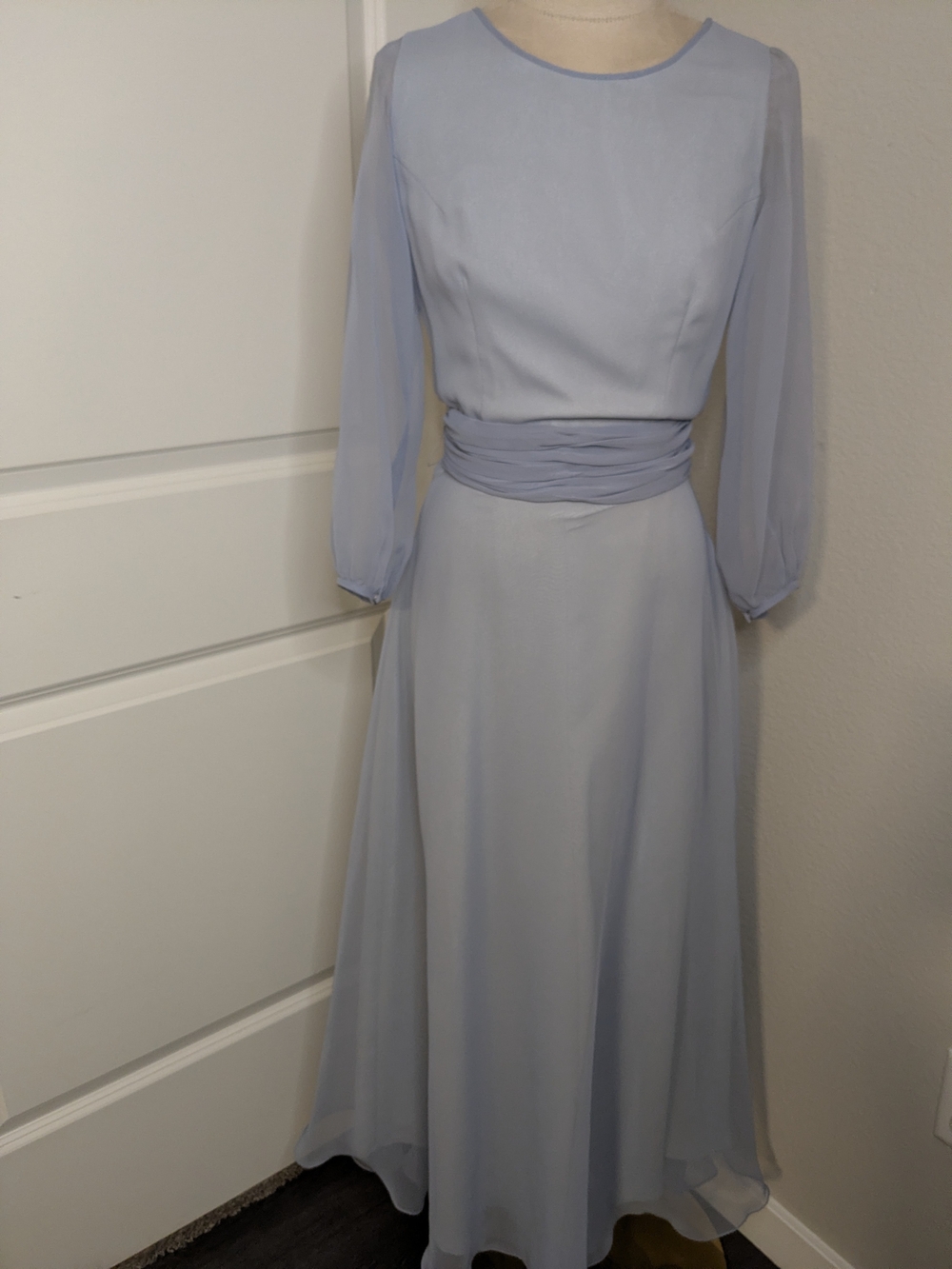 Vintage 1950s Chiffon Dress Sky Blue A Line 3/4 Sleeve Elegant SZ XS